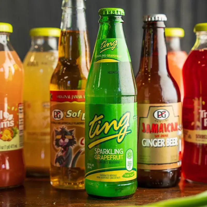 Bottles of Jamaican sodas including Ting and D&G ginger beer.