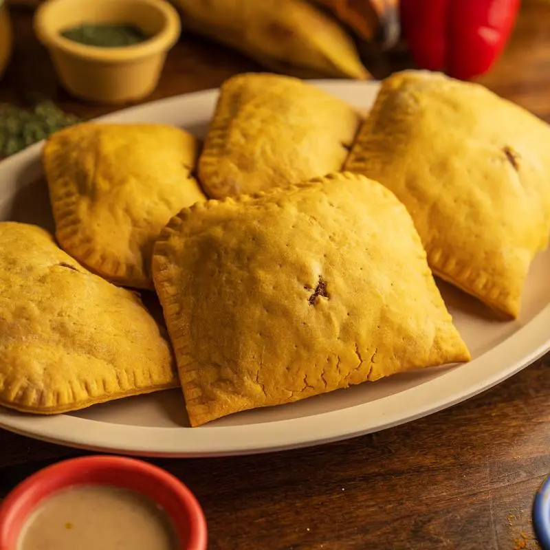 Four golden Jamaican patties on a plate with dipping sauce.